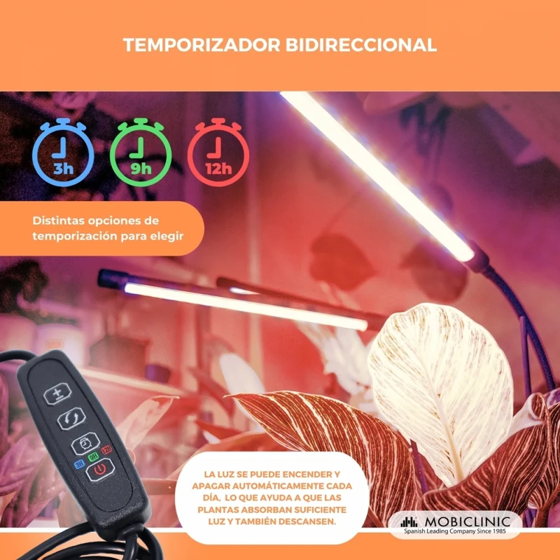 Pflanzenlampe | LED | 3 Modi | 6000K| Schwarz| Timer | 10 Helligkeitsstufen | 360º Drehung | Growflex | Mobiclinic