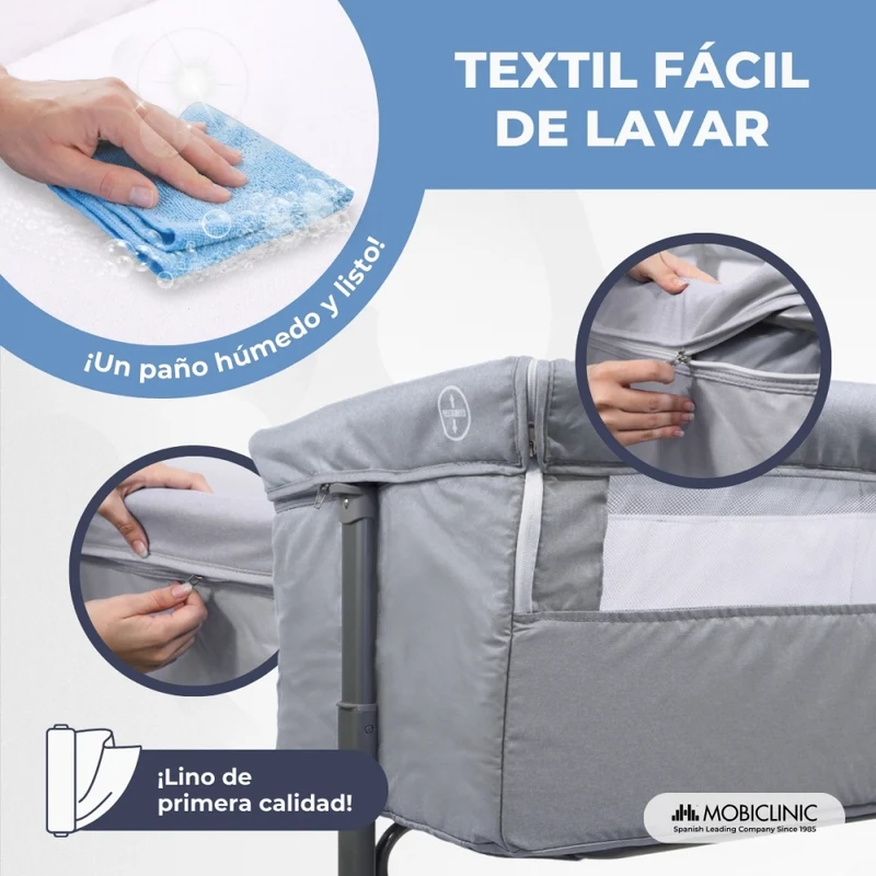 Beistellbett | Höhenverstellbar | Seitliche Öffnung | Bis 15 kg | Tragetasche | Einfache Montage | Moon | Mobiclinic