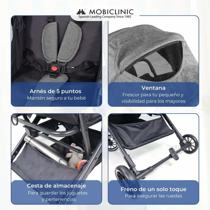 Kinderwagen |Kompakt |Faltbar |Einhebel |Für Reisen |Verstellbare Fußstütze |Max. 15kg |Grau |Trip | Mobiclinic