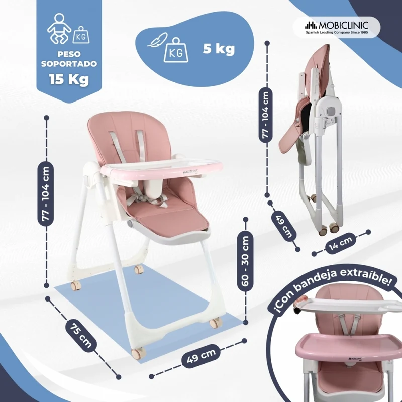 Hochstuhl mit Rädern | Evolutive | Höhenverstellbar | Zusammenklappbar | Sicherheitsgurt | Bis 15kg | Rosa | Simba | Mobiclinic