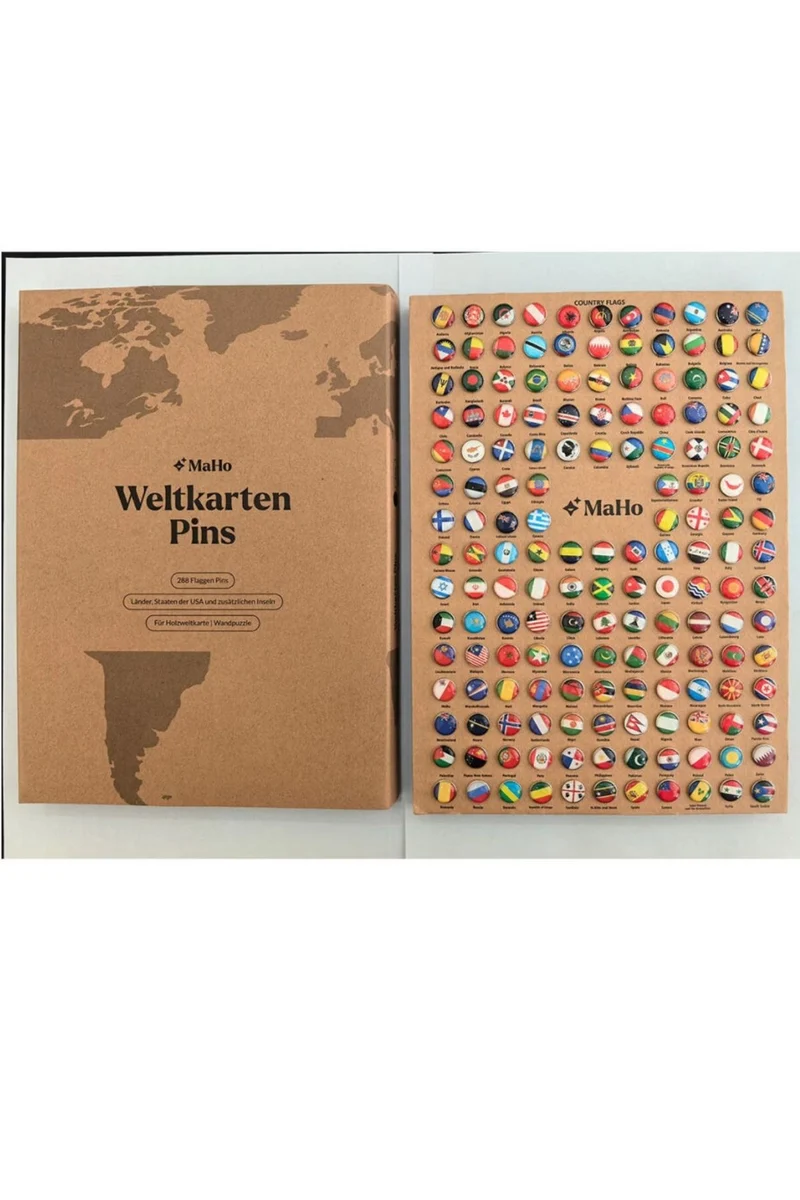 3D-Holzpuzzle, Set Weltkarte M + Flaggen-Pins
