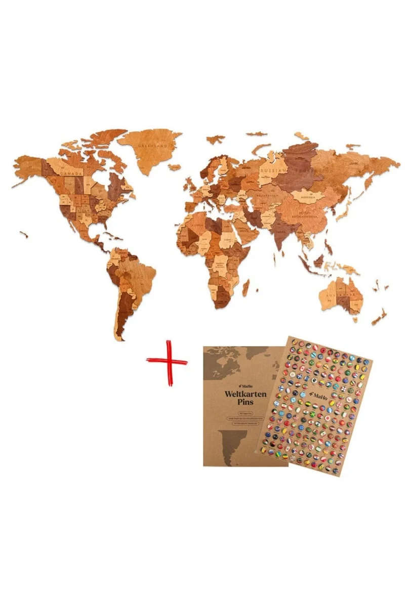 3D-Holzpuzzle, Set Weltkarte M + Flaggen-Pins