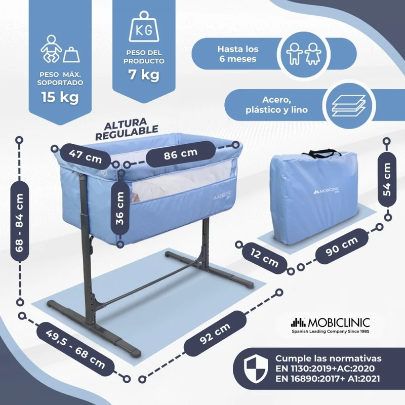 Beistellbett | Höhenverstellbar | Seitliche Öffnung | Bis zu 15 kg | Tragetasche | Einfache Montage | Moon | Mobiclinic