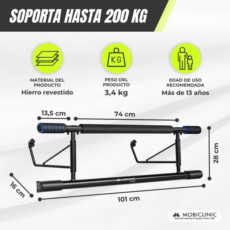 Klimmzugstange | Max. 200 kg | Verstellbar | Beschichtetes Eisen | Ohne Werkzeug | Schwarz und Blau | K5 | Mobiclinic