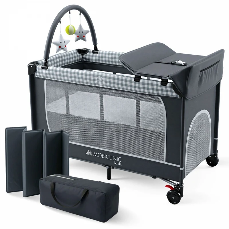 3-in-1-Reisebett | Wickeltisch | Laufstall | Tragbar | Faltbar | Tragetasche | Grau | Caelum | Mobiclinic