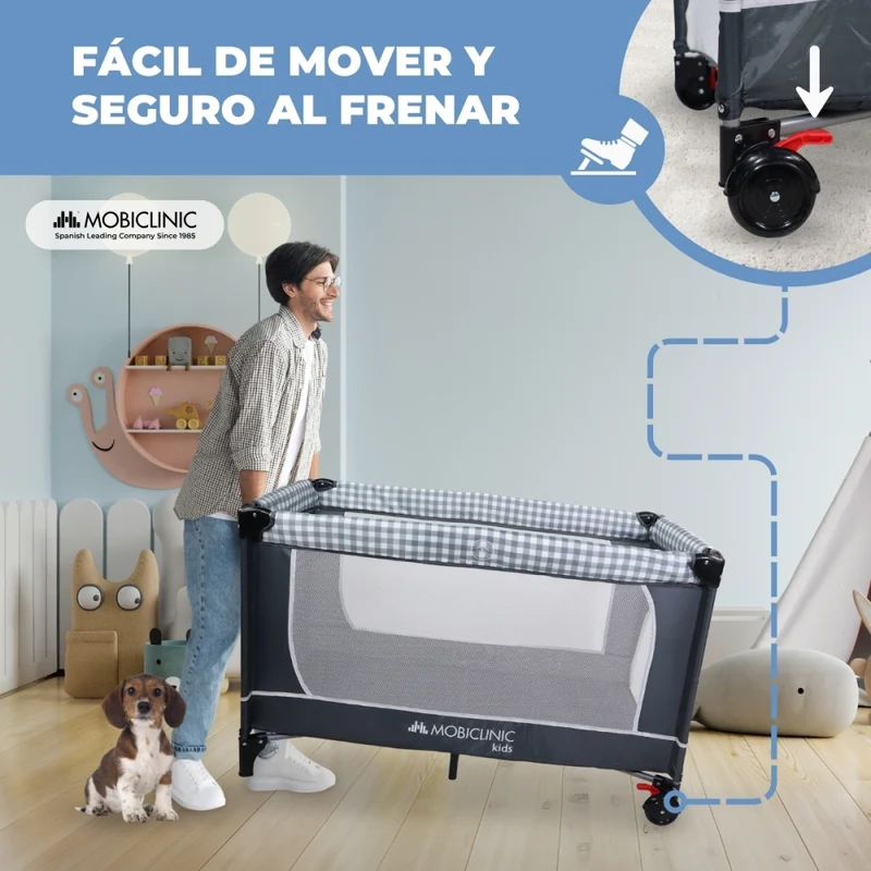 3-in-1-Reisebett | Wickeltisch | Laufstall | Tragbar | Faltbar | Tragetasche | Grau | Caelum | Mobiclinic