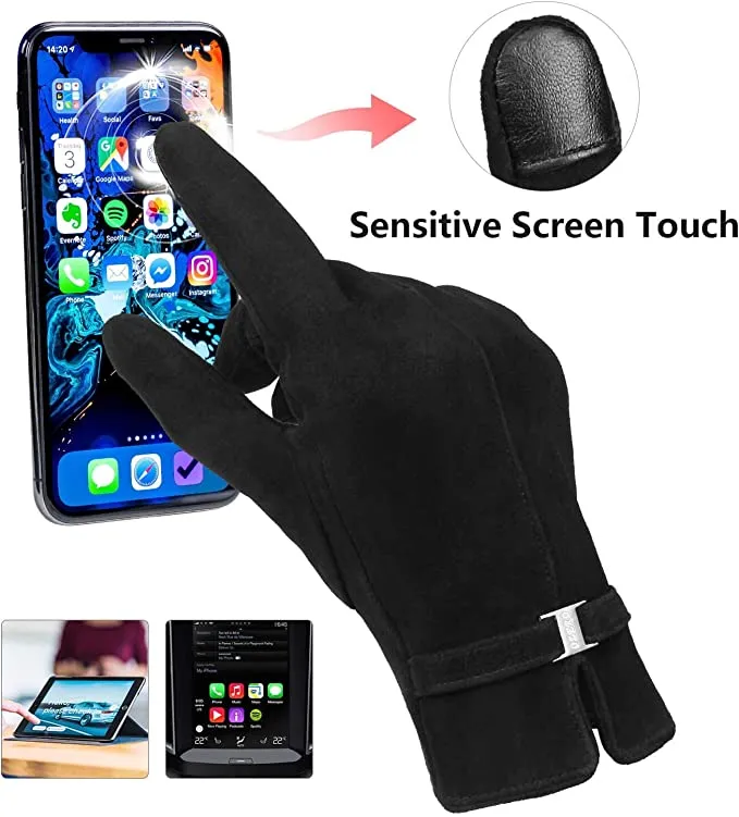 Ozero Damen Lederhandschuhe aus Hirschleder mit Kaschmir-Futter | Warme Winterhandschuhe mit Touchscreen-Funktion