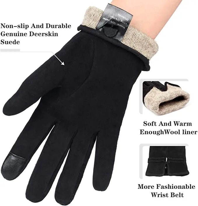 Ozero Damen Lederhandschuhe aus Hirschleder mit Kaschmir-Futter | Warme Winterhandschuhe mit Touchscreen-Funktion