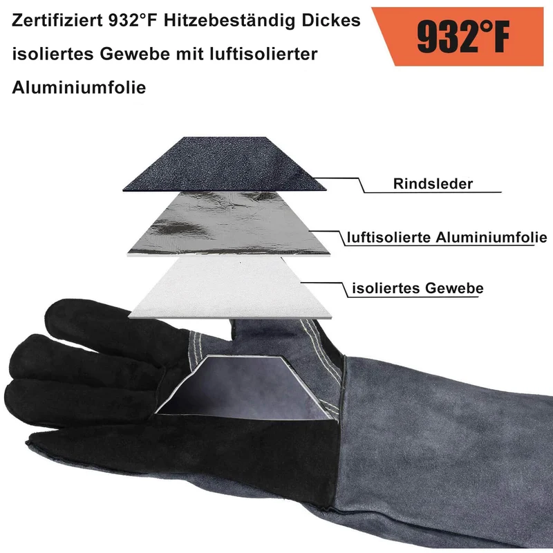 Ozero Leder Hitzeschutzhandschuhe (500°C) – Profi Grill- & Schweißhandschuhe