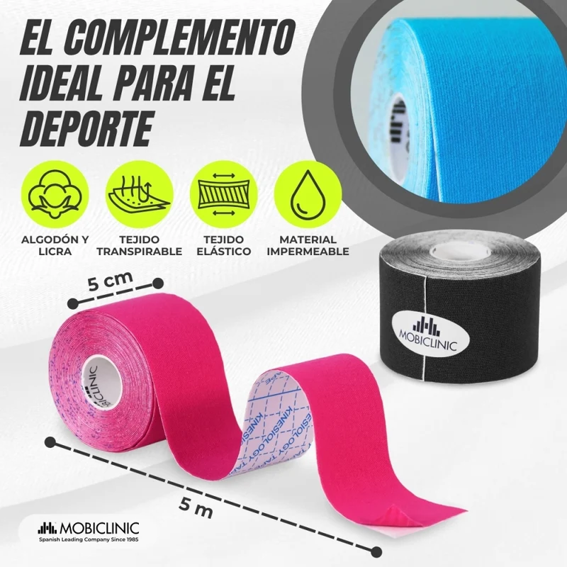 4er Pack Kinesiotape | Rosa, Blau, Schwarz und Beige | Neuromuskuläre Bandage | 5mx5cm | Mobitape | Mobiclinic
