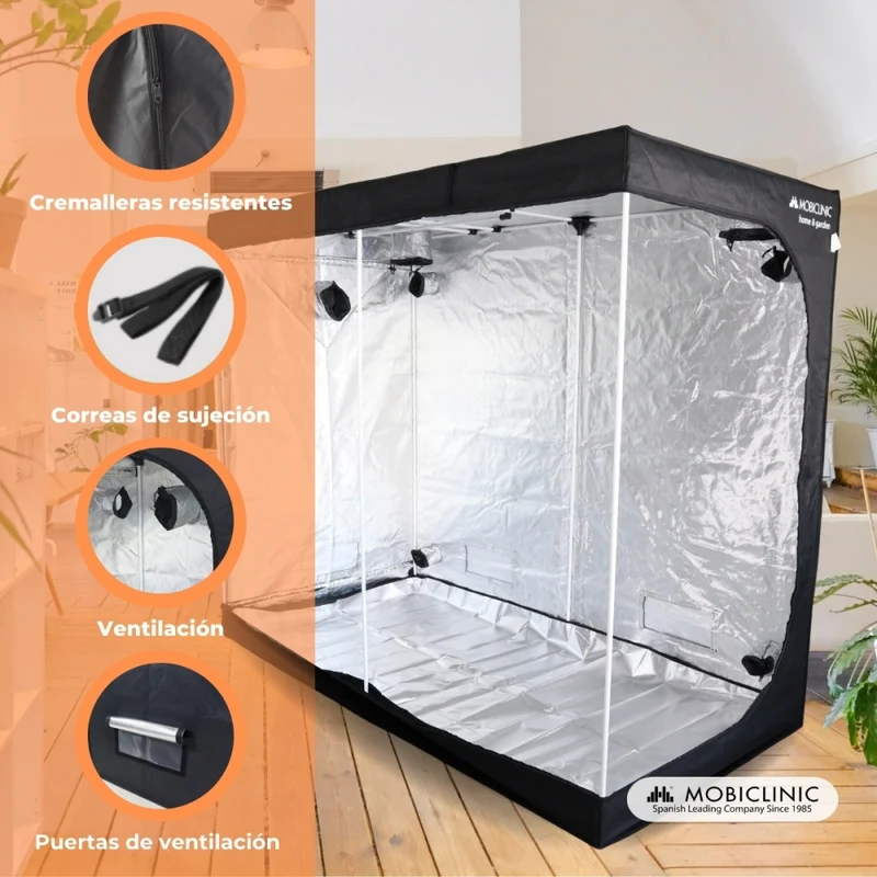 Growzelt | Wasserdicht | Schwarz | Nylon | Max. Belastung 28 kg | Abnehmbarer Boden | Haltestangen | Growbox | Mobiclinic
