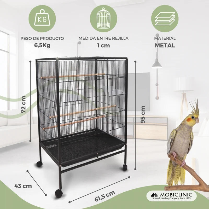 XL-Vogelkäfig | 95 x 43 x 61,5 cm | 8 Türen | Futter- und Wasserspender | Räder | Herausnehmbare Schale | Ninfa | Mobiclinic