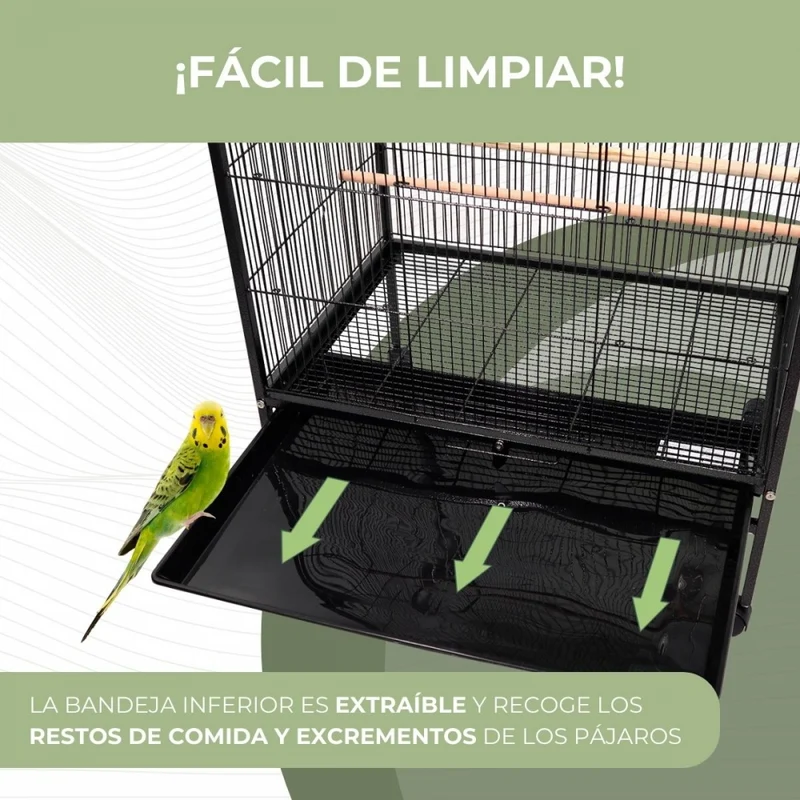 XL-Vogelkäfig | 95 x 43 x 61,5 cm | 8 Türen | Futter- und Wasserspender | Räder | Herausnehmbare Schale | Ninfa | Mobiclinic