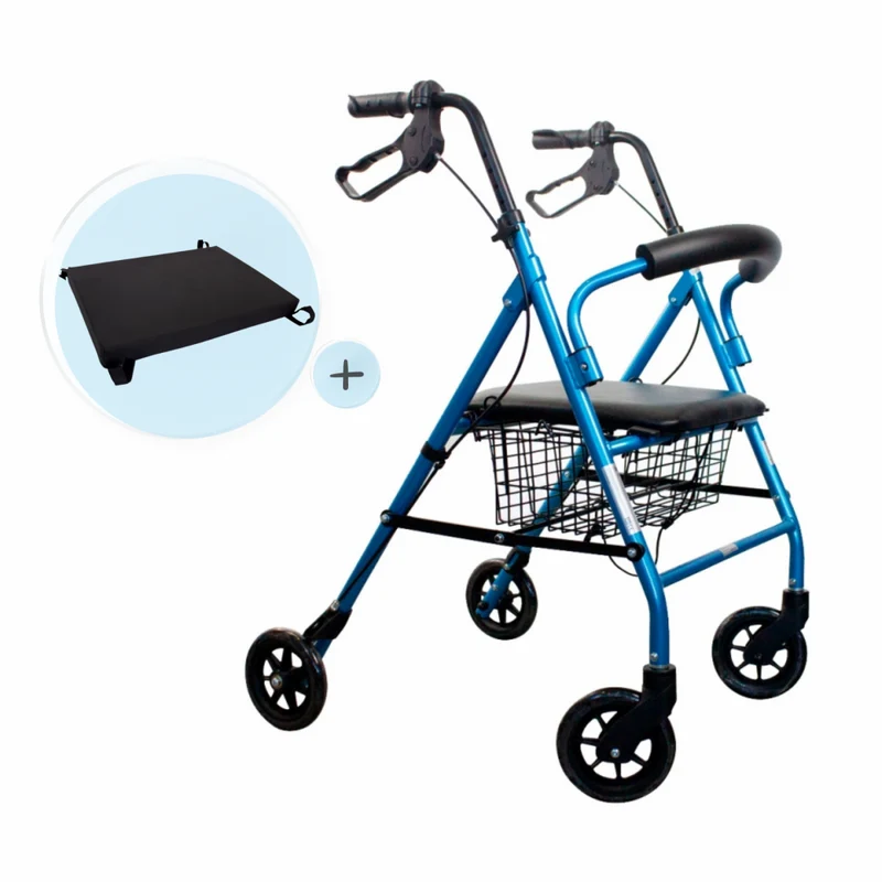 Paket Escorial Plus | Klappbarer Gehwagen | Blau | Bremsen an Hebeln | Anti-Dekubitus-Kissen | Viskoelastisch | Mobiclinic