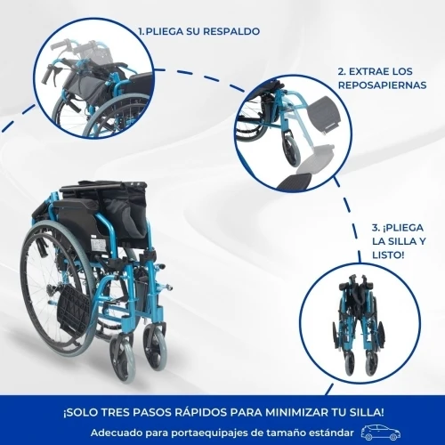 Paket Bolonia Plus | Faltrollstuhl | Blau | Aluminium | Anti-Dekubitus-Kissen | Viskoelastisch | Mobiclinic