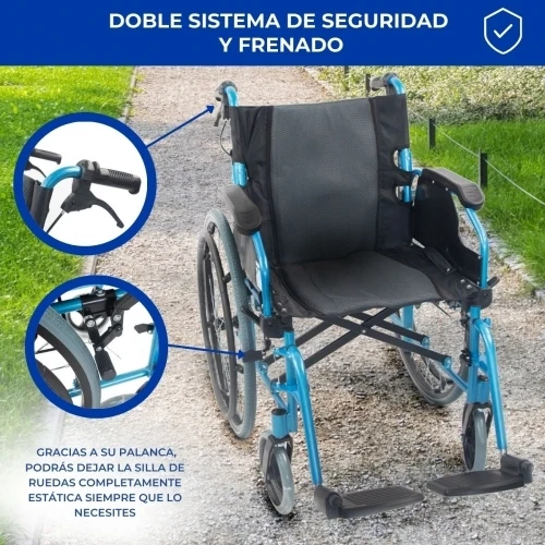 Paket Bolonia Plus | Faltrollstuhl | Blau | Aluminium | Anti-Dekubitus-Kissen | Viskoelastisch | Mobiclinic