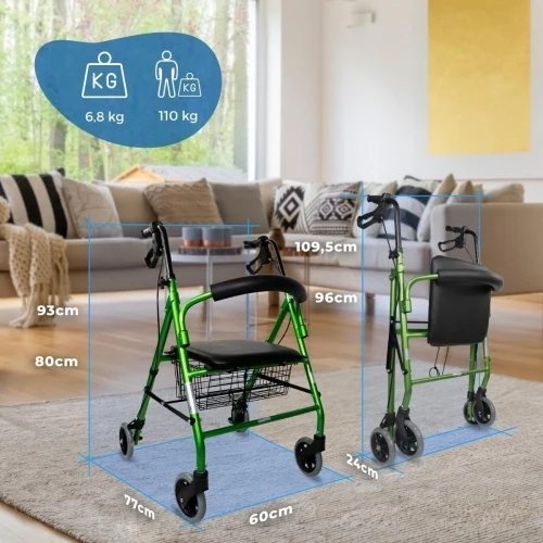 Paket Escorial Plus | Klappbarer Gehwagen | Grün | Bremsen an Hebeln | Anti-Dekubitus-Kissen | Viskoelastisch | Mobiclinic