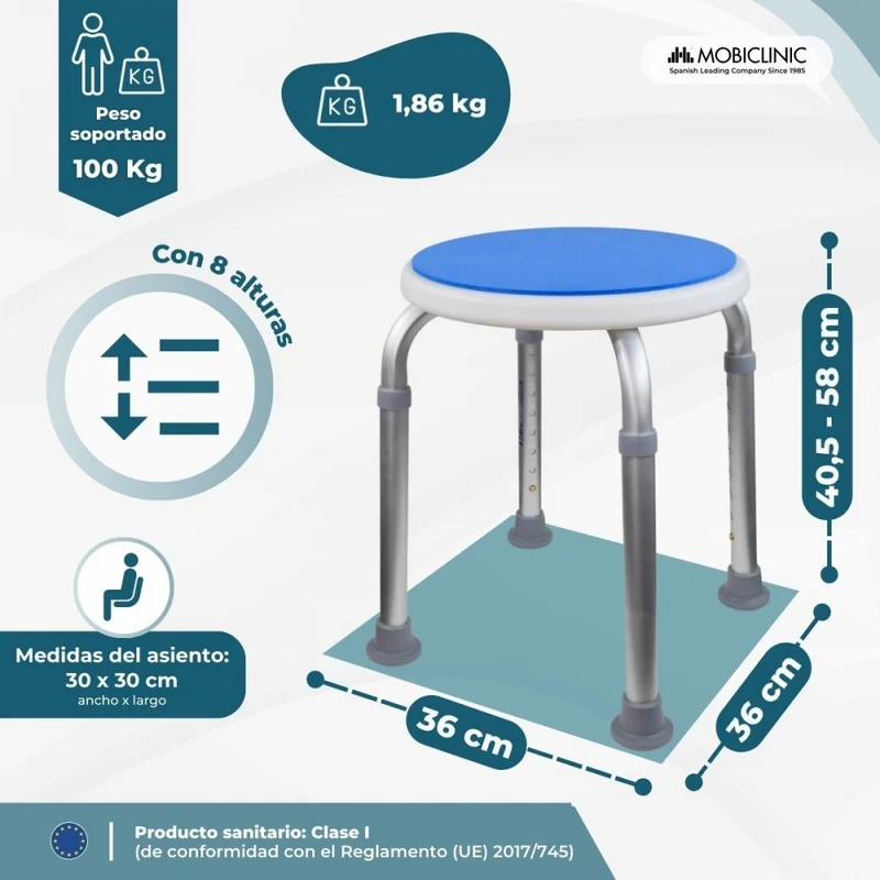 Badhocker | Höhenverstellbar | Max. 100 kg | Rutschfeste EVA-Füße und -Oberfläche | Foco | Mobiclinic