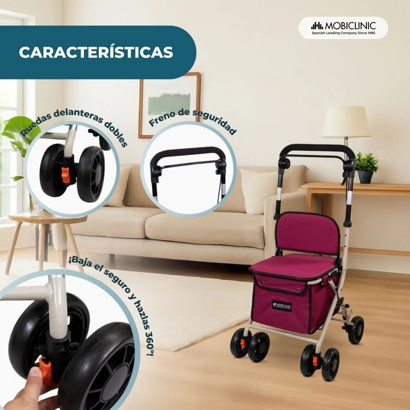 Einkaufswagen Gehwagen | 4 Räder | Bis 120 kg | Faltbar | Mit Tasche | Bremssystem | Fuchsia| Coliseum | Mobiclinic