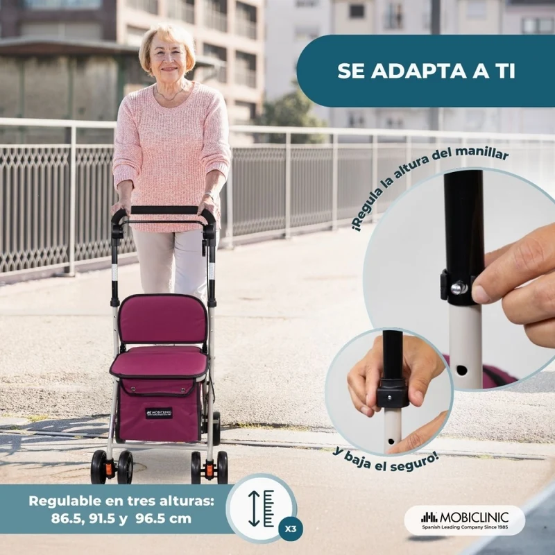 Einkaufswagen Gehwagen | 4 Räder | Bis 120 kg | Faltbar | Mit Tasche | Bremssystem | Fuchsia| Coliseum | Mobiclinic