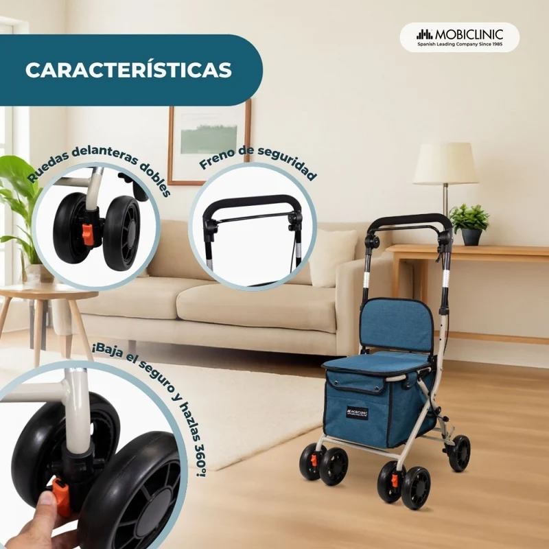 Einkaufswagen Gehwagen | 4 Räder | Bis 120 kg | Faltbar | Mit Tasche | Bremssystem | Blau | Coliseum | Mobiclinic