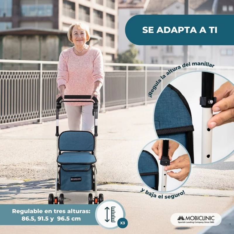 Einkaufswagen Gehwagen | 4 Räder | Bis 120 kg | Faltbar | Mit Tasche | Bremssystem | Blau | Coliseum | Mobiclinic