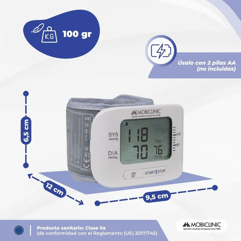 Handgelenk-Blutdruckmessgerät | LCD-Display | Kompakt | Speicher | Erkennung von Herzrhythmusstörungen | Vitalpress | Mobiclinic