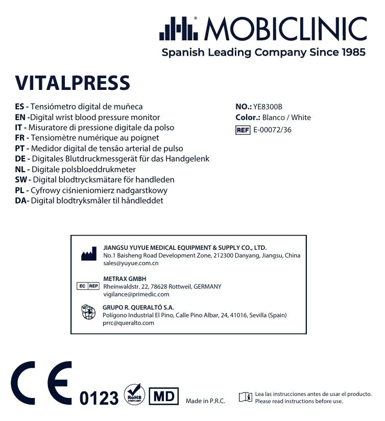 Handgelenk-Blutdruckmessgerät | LCD-Display | Kompakt | Speicher | Erkennung von Herzrhythmusstörungen | Vitalpress | Mobiclinic