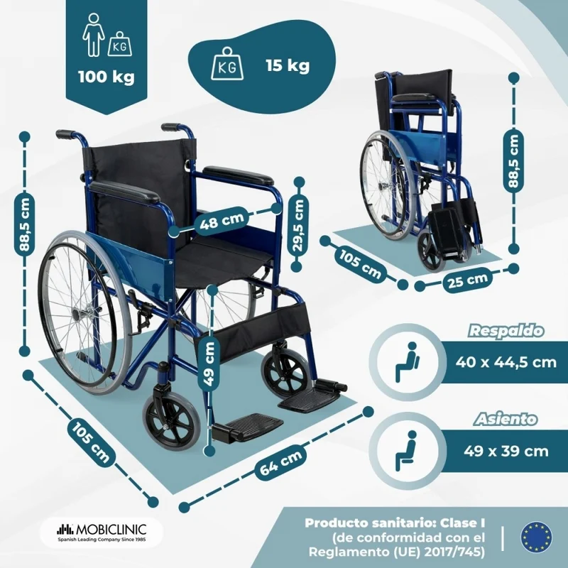 Rollstuhl faltbar | Große Räder | Leichtgewicht | Orthopädisch | Blau | Alcázar | Mobiclinic