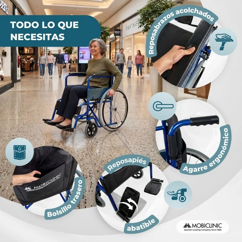 Rollstuhl faltbar | Große Räder | Leichtgewicht | Orthopädisch | Blau | Alcázar | Mobiclinic