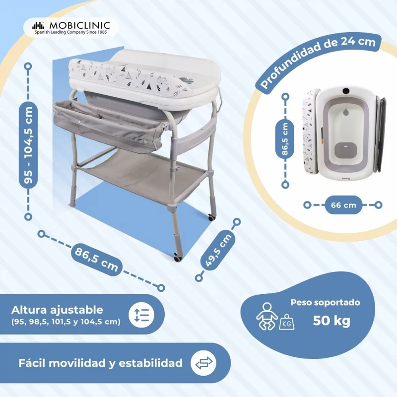 Babywanne|3 in 1|Klappbar|Höhenverstellbar|Räder mit Bremse|Temperaturregelung|Trendy|Mobiclinic
