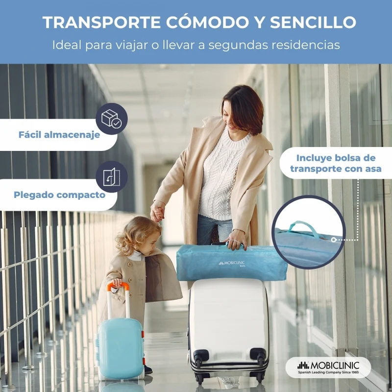 Reisebett mit Rollen | Tragbar | Faltbar | Widerstandsfähig | Atmungsaktives Gewebe | Tragetasche | Blau | Mofli | Mobiclinic