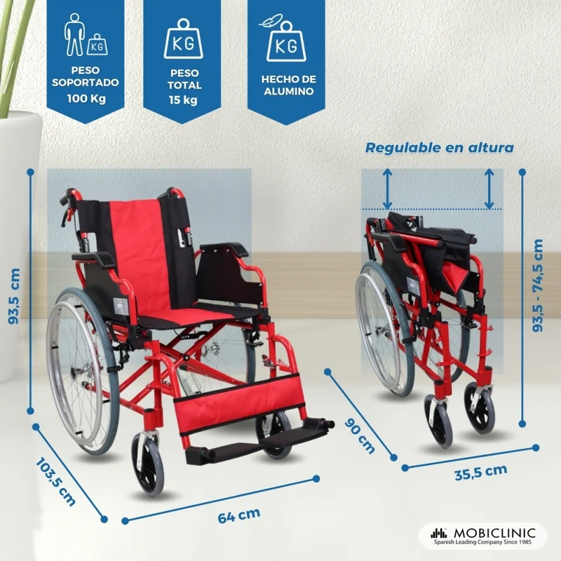 Rollstuhl faltbar | Aluminium | Bremse an Hebeln und Rädern | Große Räder | abnehmbare Fußstützen | Modell Torre | Mobiclinic