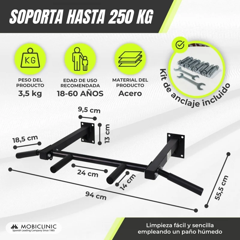 Wandmontierte Klimmzugstange | Set Ancla Inklusive | Stahl | 95x55,5 cm | Max. 250 kg | Kraftübungen | Mod K3 | Mobiclinic