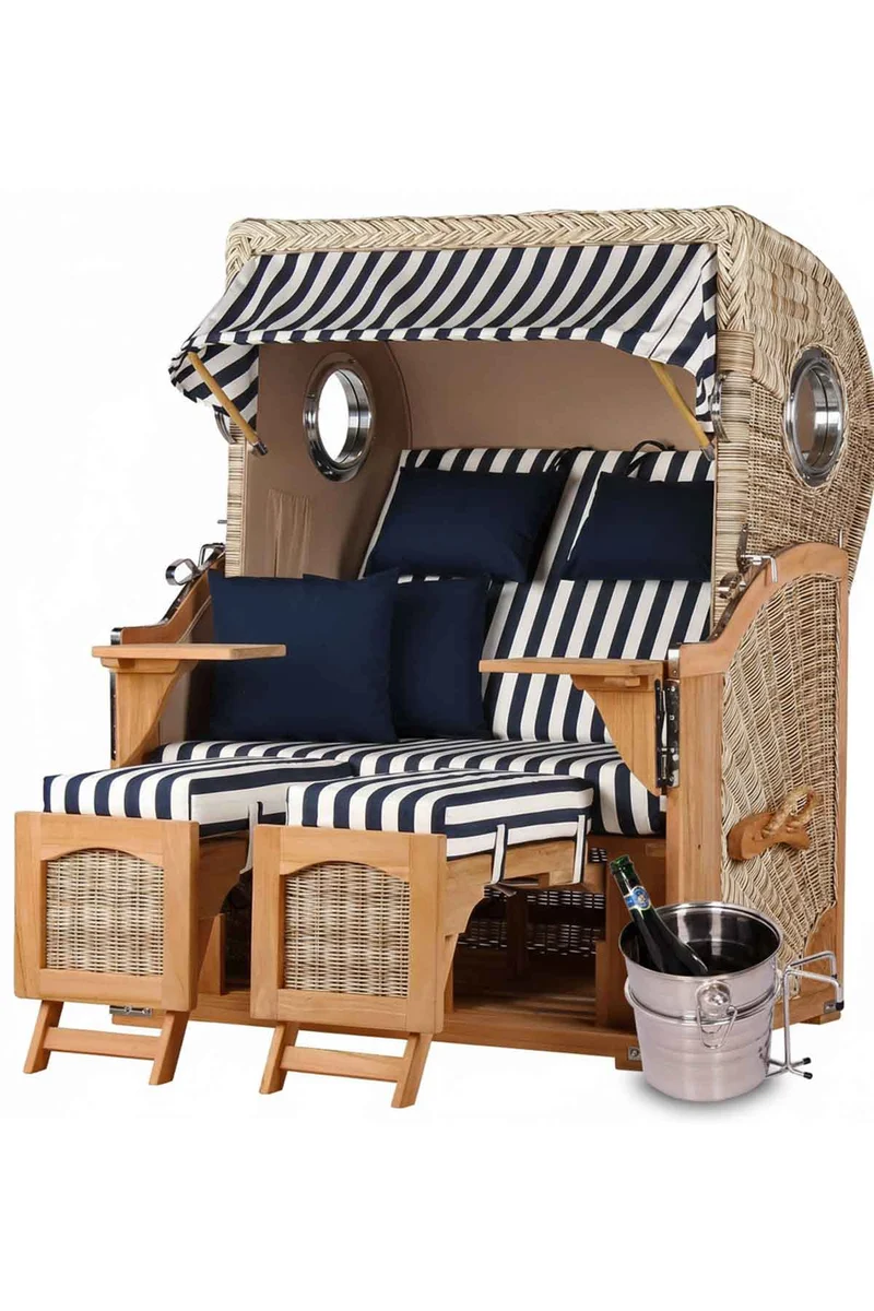 Aktionsangebot Strandkorb DÜNE 2-Sitzer, blau-weiß + Flaschenkühler