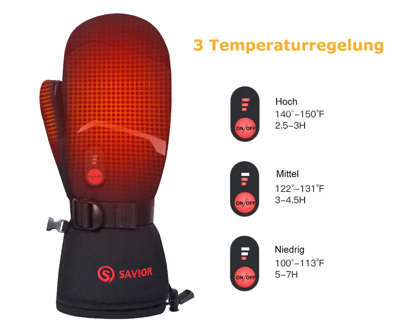 Savior Beheizte Fäustlinge - 7.4V Elektrisch Wiederaufladbar | Für Ski, Wandern & Outdoor