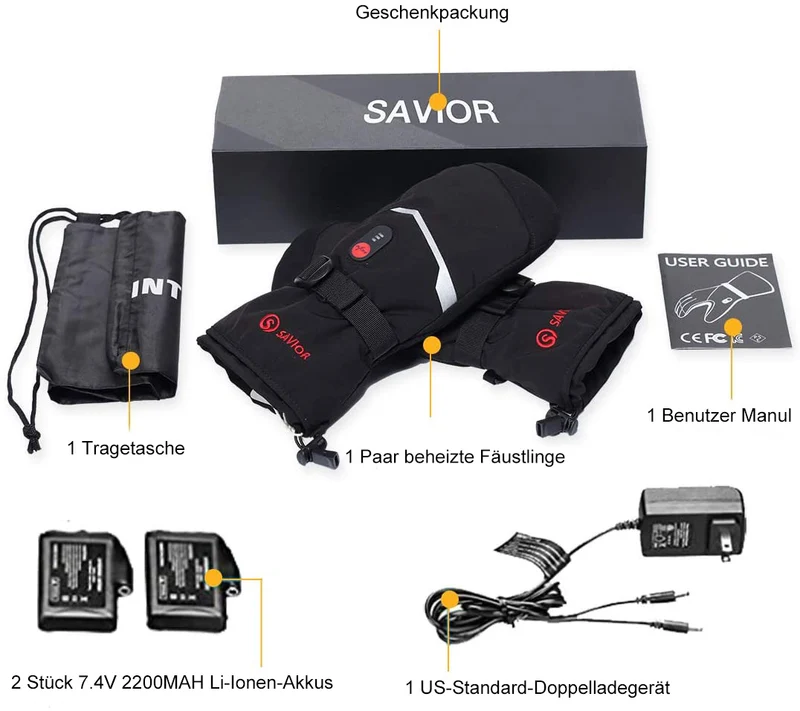 Savior Beheizte Fäustlinge - 7.4V Elektrisch Wiederaufladbar | Für Ski, Wandern & Outdoor