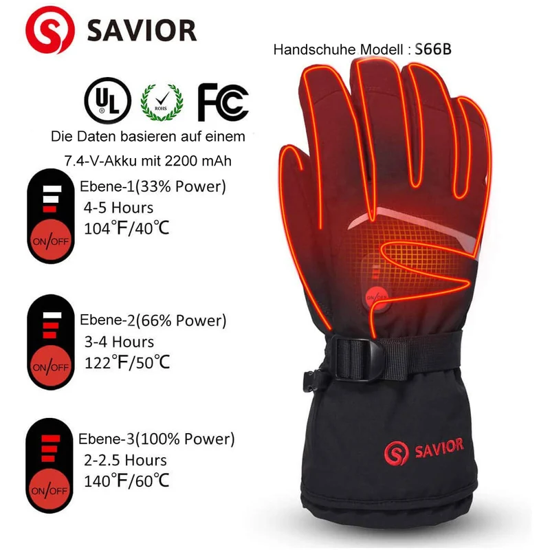 Savior Beheizbare Handschuhe Unisex – Elektrisch & Wiederaufladbar, IPx4 Wasserdicht, 2200mAh Akku