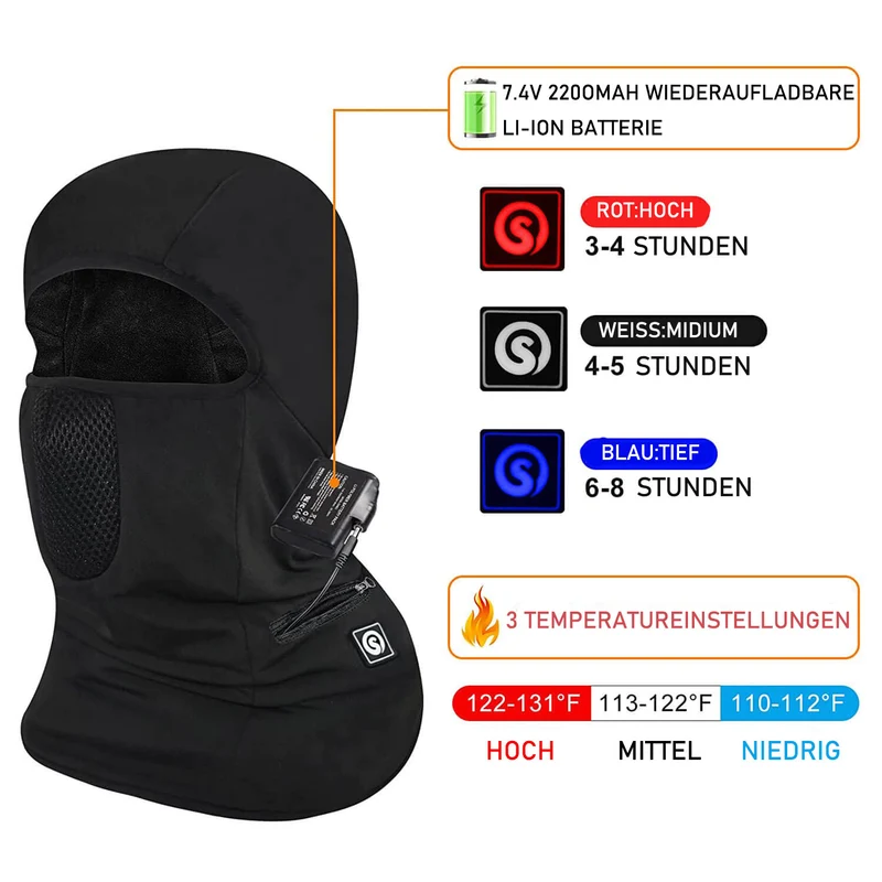 Savior Wiederaufladbare Wärmemaske | 7.4V Batterie Ski Gesichtsmaske Beheizte Mütze