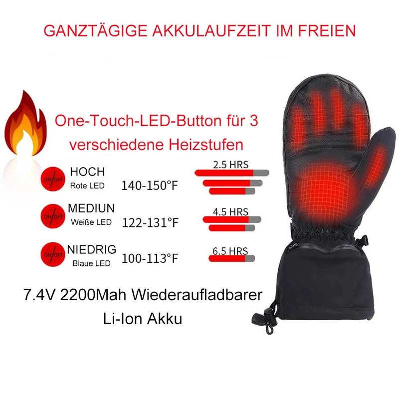 Keepwarming Premium Beheizbare Fäustlinge aus Leder – 7V Wiederaufladbare Ski-Handschuhe für maximale Wärme