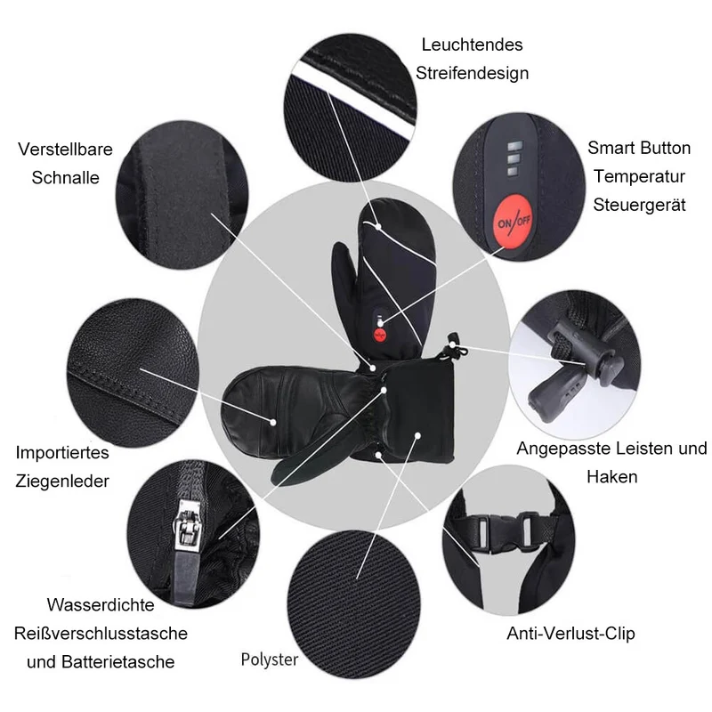 Keepwarming Premium Beheizbare Fäustlinge aus Leder – 7V Wiederaufladbare Ski-Handschuhe für maximale Wärme