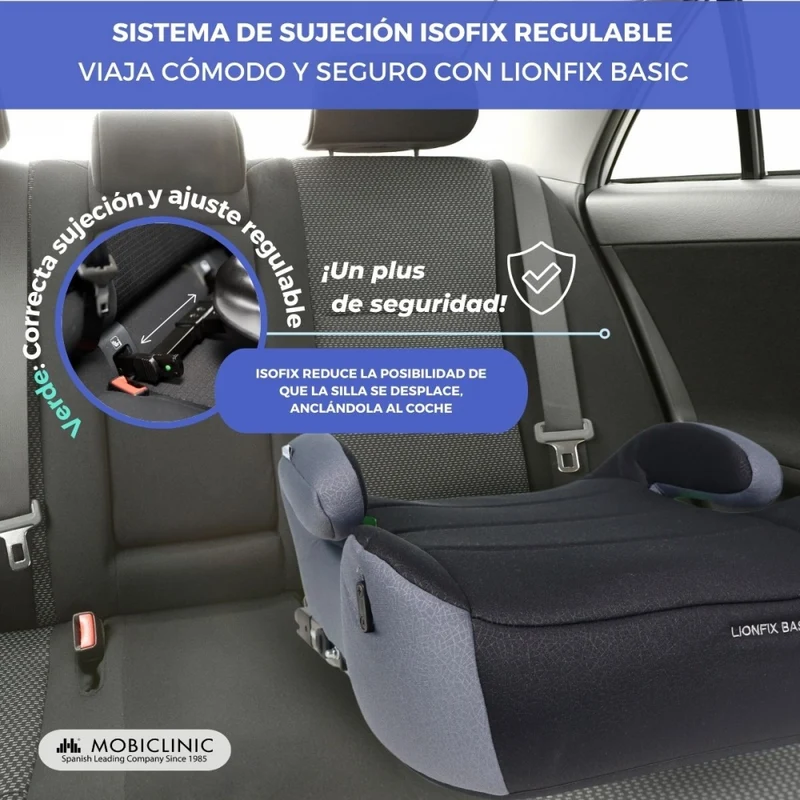 Kindersitzerhöhung | i-Size | 125-150 cm | Verstellbares ISOFIX | abnehmbar | Flaschenhalter | Lionfix Basic | Mobiclinic