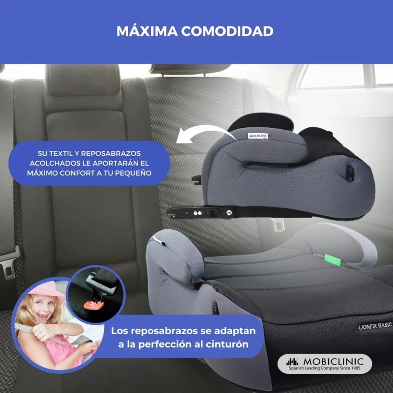 Kindersitzerhöhung | i-Size | 125-150 cm | Verstellbares ISOFIX | abnehmbar | Flaschenhalter | Lionfix Basic | Mobiclinic