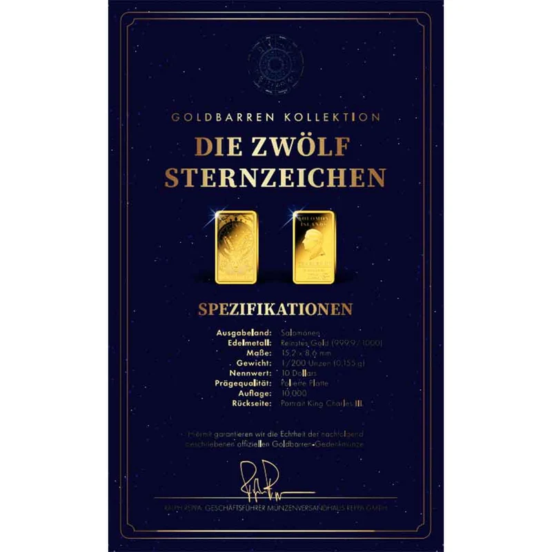 Goldbarren Sternzeichen mit Zertifikat