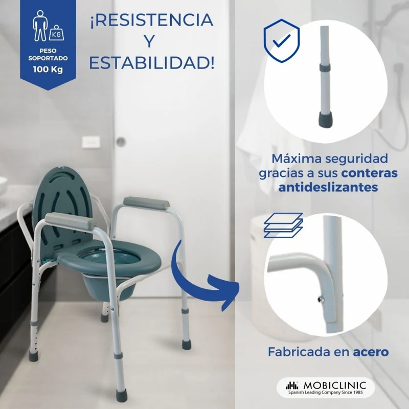 Toilettenstuhl | antirutsche Gummipuffer | Deckel | gepolsterten Armlehnen | Chromstahl | Arroyo | Mobiclinic