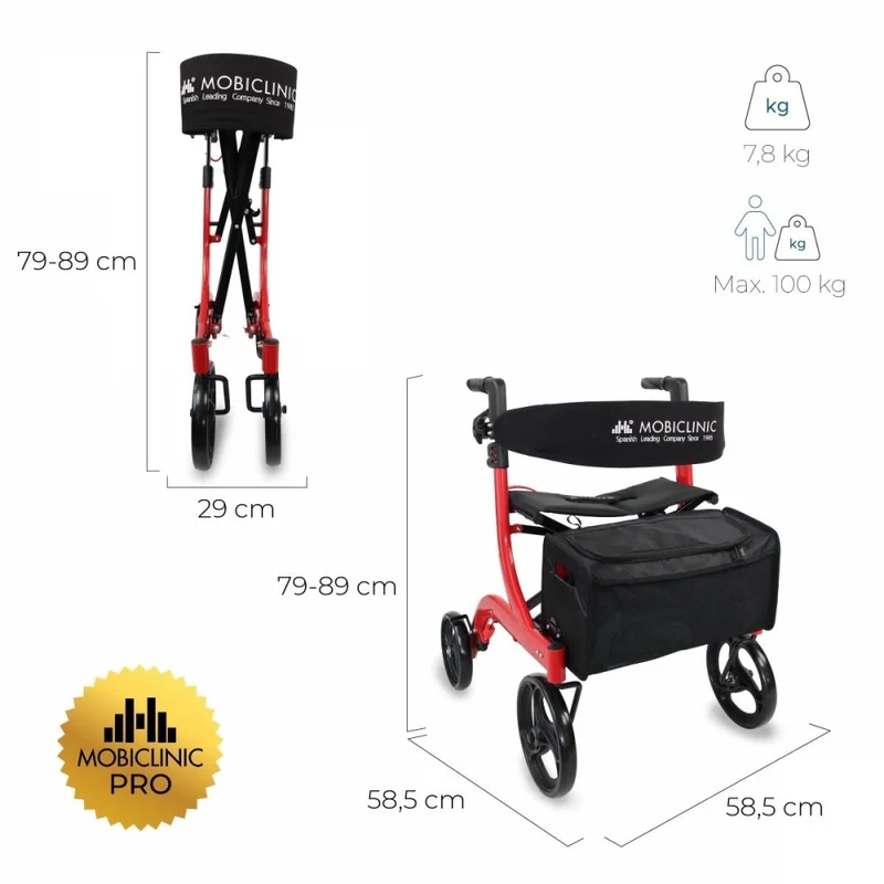Großer Gehwagen mit vier Rädern | Faltbar | Sitz und Rückenlehne | Vorderkorb | Modern | Invicto X1 | Mobiclinic Pro