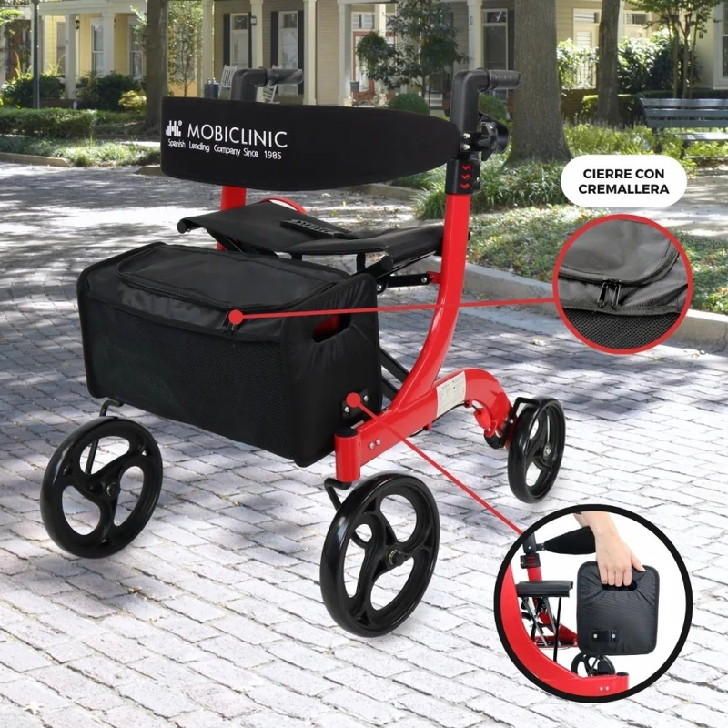 Großer Gehwagen mit vier Rädern | Faltbar | Sitz und Rückenlehne | Vorderkorb | Modern | Invicto X1 | Mobiclinic Pro