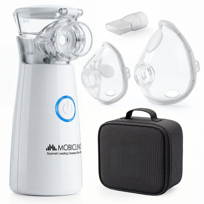 Mesh-Vernebler | Tragbar | 2 Masken + Mundstück | Tragetasche | Kabellos und USB | Nebumobi1 | Mobiclinic
