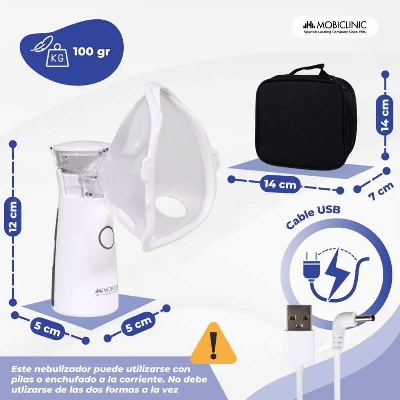 Mesh-Vernebler | Tragbar | 2 Masken + Mundstück | Tragetasche | Kabellos und USB | Nebumobi1 | Mobiclinic