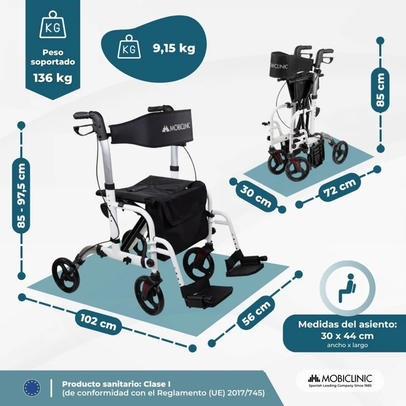 Rollator mit Fuß- und Rückenlehne | Faltbar | Aluminium | Bremsen | 360º Räder | Tasche | Stockhalterung | Ibiza | Mobiclinic